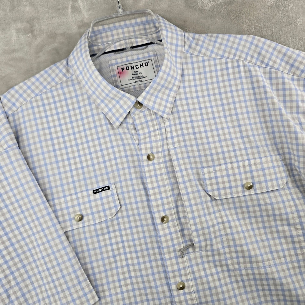 Poncho Shirt Mens XXL Blue Gray Plaid Short Sleeve Magnetic Pockets Performance